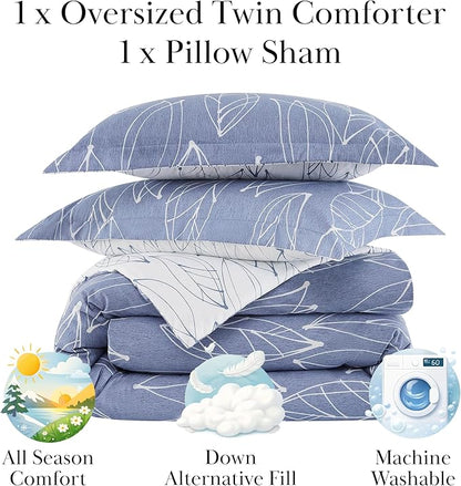 Southshore Fine Living, Inc. Modern Foliage Collection - 2-Piece Twin Bed Comforter Set, Down Alternative Comforter Set, Microfiber Fabric, Twin Bedding Sets Complement Room Décor, Twin/XL, Blue
