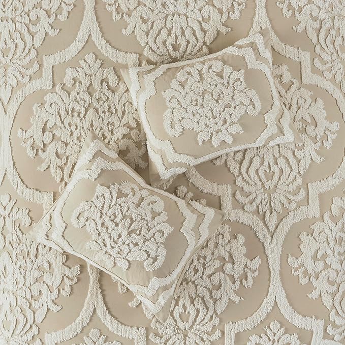 Madison Park Tufted Chenille Cotton Comforter All Season Bedding Set, Matching Shams, Full/Queen(90"x90"), Viola, Damask Taupe 3 Piece (MP10-7102)
