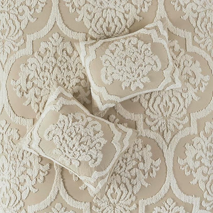 Madison Park Tufted Chenille Cotton Comforter All Season Bedding Set, Matching Shams, Full/Queen(90"x90"), Viola, Damask Taupe 3 Piece (MP10-7102)