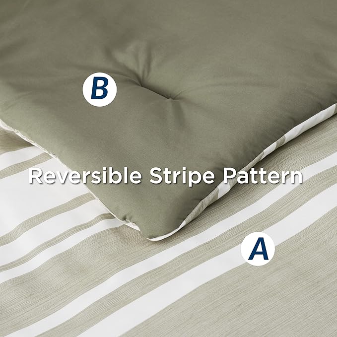 Bedsure Twin Comforter Set 5 Pieces, Olive Green Striped Bedding Set for All Seasons, Reversible, Cationic Dyeing Bed in a Bag with Comforter, Sheets, Pillowcase & Sham