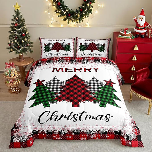 Christmas Plaid Tree Comforter Set King Size,Red Green Black Grid Bedding 3pcs for Kids Girls Adult Winter Room Decor,Fantasy Snowflake Quilt Vintage Chic Duvet Insert,2 Pillowcases