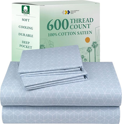 California Design Den California King Sheet Set - 100% Cotton, 600 Thread Count, Deep Pocket, Soft Sateen Premium Cal King Sheet Set - Urban Geometric Pattern