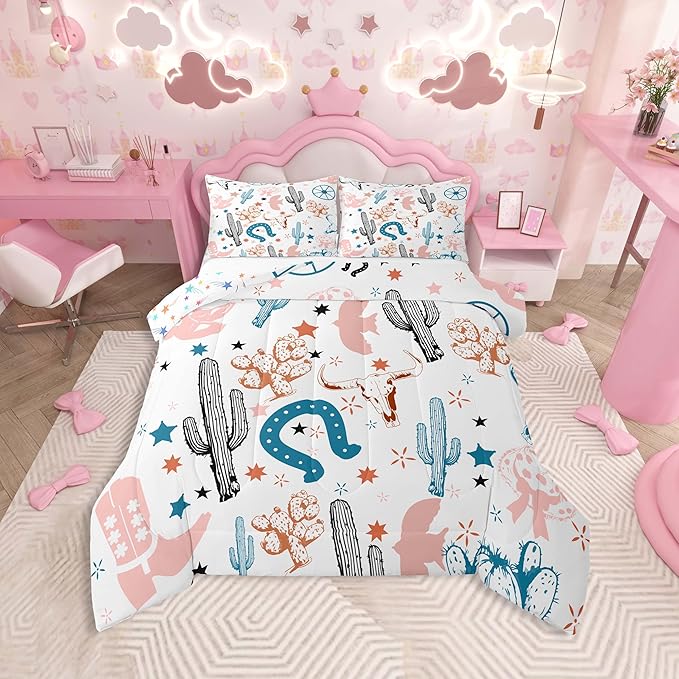 Feelyou Pink Western Aztec Bedding Set Kids Wild Cowboy Comforter Set King Size Horseshoes Cactus Bull Skull Boots Boho Rustic Duvet Quilt for Women Men Room Decor Soft with 2 Pillow Case 3Pcs