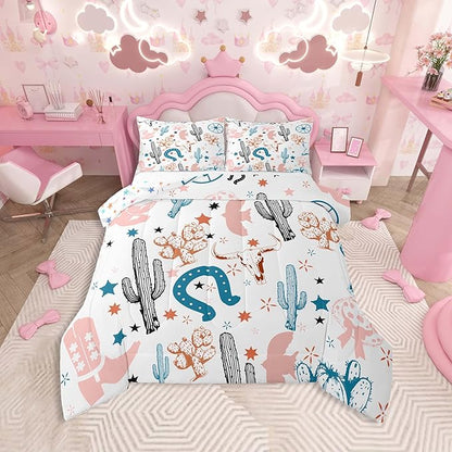 Feelyou Pink Western Aztec Bedding Set Kids Wild Cowboy Comforter Set King Size Horseshoes Cactus Bull Skull Boots Boho Rustic Duvet Quilt for Women Men Room Decor Soft with 2 Pillow Case 3Pcs