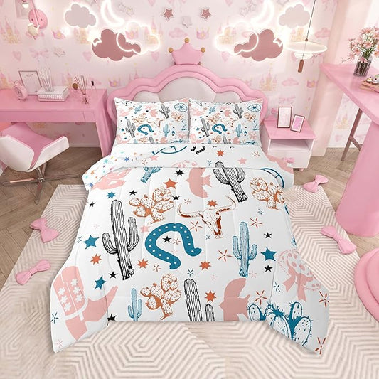 Feelyou Pink Western Aztec Bedding Set Kids Wild Cowboy Comforter Set King Size Horseshoes Cactus Bull Skull Boots Boho Rustic Duvet Quilt for Women Men Room Decor Soft with 2 Pillow Case 3Pcs
