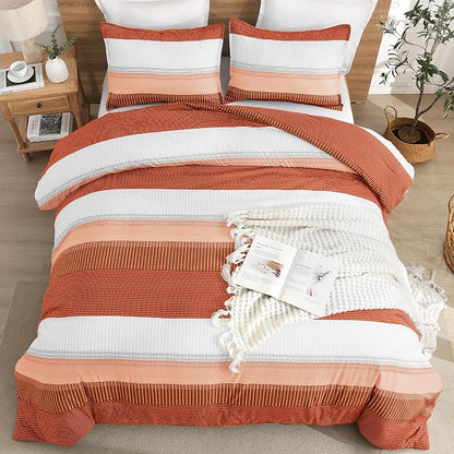 Litanika Burnt Orange California King Comforter Set - 3 Pieces Boho Terracotta Cal King Oversized Lightweight Summer Rust Colorblock Stripe Bedding Set (104x96In, 2 Pillowcases)