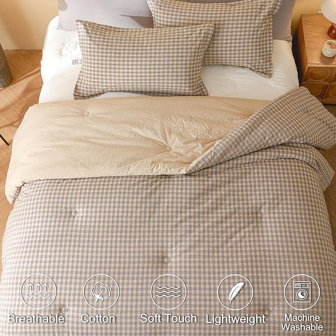 100% Cotton Comforter Set Twin Size – Reversible Yarn-Dyed Checkered Design, Soft Washed Cotton on Both Sides, Lightweight All-Season Bedding, Machine Washable(Beige Plaid, 68”x90”)