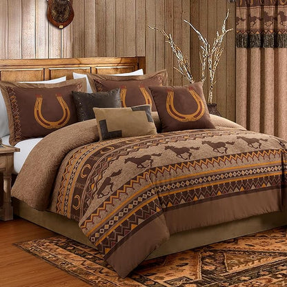 Chezmoi Collection Sedona 7-Piece Southwestern Wild Horses Microsuede Bedding Comforter Set, Extra Wide Queen, Brown