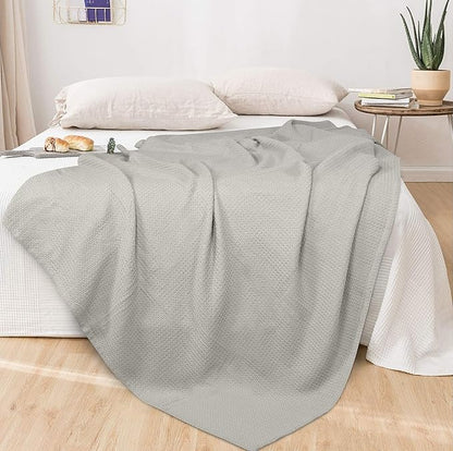 GLAMBURG 100% Cotton Thermal Blanket, Breathable Waffle Blanket, Queen Size, All Season, Light Grey