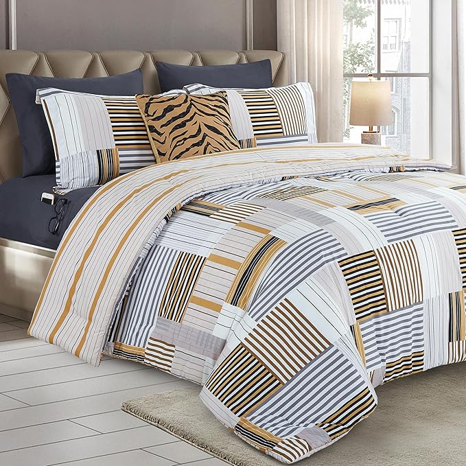 Elegant Comfort 8-Piece Animal Print Patch Reversible Comforter Set - All Season Bed in a Bag, 4-Piece Sheet Set Featuring Smart Pockets, Matching Shams and Decorative Pillow, Full/Queen, Gold