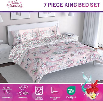 Jay Franco Kids Comforter Set Includes Sheets and Pillow Covers - Soft and Cozy Bed Set for Stylish Room Decor, Pink - Disney Princess, 7 Piece King Bedding