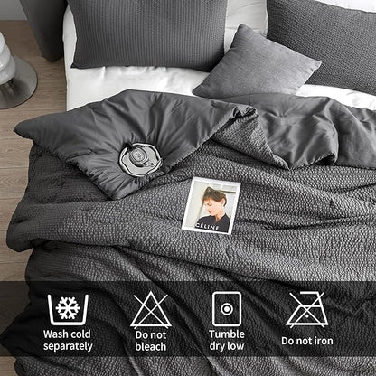 HOMBYS 3 Piece Seersucker Oversized King Comforter Set 128x128, Breathable Grey Soft Comforter Set, Lightweight Bedding Comforter Sets with Comforter for All Season
