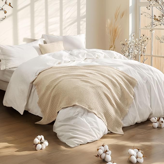 Bedsure 5 Pieces Cotton Comforter Set with Waffle Throw Blanket - Soft Breathable Bedding Set for All Seasons, White Queen Comforter, Pillow Shams, Beige 100% Cotton Blanket, Throw Pillow