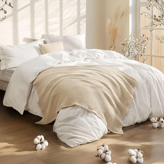 Bedsure 5 Pieces Cotton Comforter Set with Waffle Throw Blanket - Soft Breathable Bedding Set for All Seasons, White Queen Comforter, Pillow Shams, Beige 100% Cotton Blanket, Throw Pillow