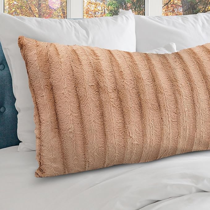Cheer Collection Faux Fur Long Body Pillow - Accent Throw Pillow for Bed and Couch - Decorative Lumbar Pillow with Insert, Sand (18" x 40")