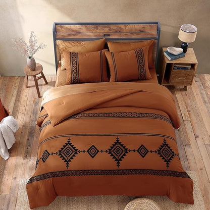 MaiRêve Embroidery Comforter Set, Boho Farmhouse Western Bedding Set, All Season Bed in A Bag Comforter Set with Sheets, Pillowcases & Shams, Burnt Orange Queen 7 Pieces