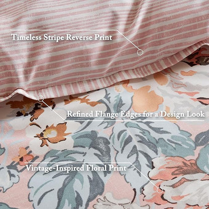 Madison Park Essentials Floral Comforter Set Queen Size, Vintage Flower Bedding Set with Sheet Set, 7 Pieces Bed in a Bag with Reversible Botanical Comforter and Pillowcases & Shams, Heather, Pink