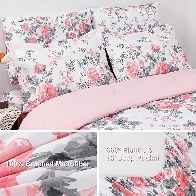 Floral Queen Comforter Set with Sheets, 7 Piece Luxury Vintage Bedding, Soft Microfiber Bed in a Bag, Cozy Lightweight Bed Set, Pink Flower Grey Leaf