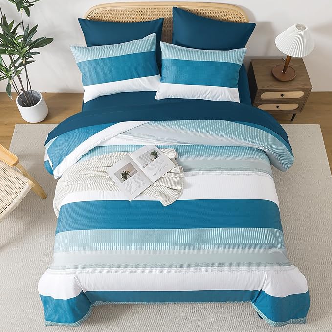 Andency California King Comforter Set Teal - 7 Pieces Striped Lightweight Bed in a Bag, Soft Microfiber Reversible Bedding Set with Comforter, Fitted & Flat Sheet, Pillowcases & Shams