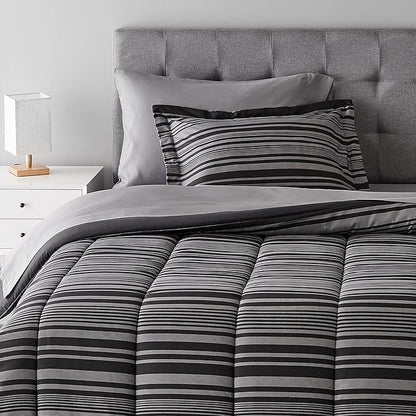 Amazon Basics 5-Piece Lightweight Microfiber Comforter Set with Sheets, Bed-in-a-Bag, Gray Calvin Striped Bedding, Twin/Twin XL