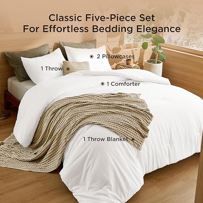 Bedsure 5 Pieces Cotton Comforter Set with Cotton Waffle Throw Blanket - White Comforter King Size, Pillow Shams, Taupe Cooling Blanket of Rayon Derived from Bamboo for Hot Sleepers, Throw Pillow