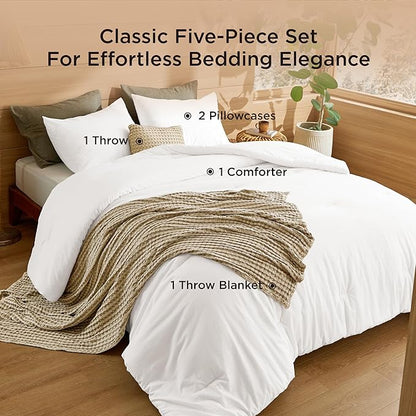 Bedsure 5 Pieces Cotton Comforter Set with Cotton Waffle Throw Blanket - White Comforter Full Size, Pillow Shams, Taupe Cooling Blanket of Rayon Derived from Bamboo for Hot Sleepers, Throw Pillow