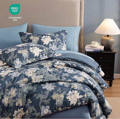 Full Comforter Set -7 Pieces Floral Antique Blue Comforter Set for All Seasons, Bed in a Bag Full with Botanical Flowers Comforter, Sheets, Pillowcases & Shams