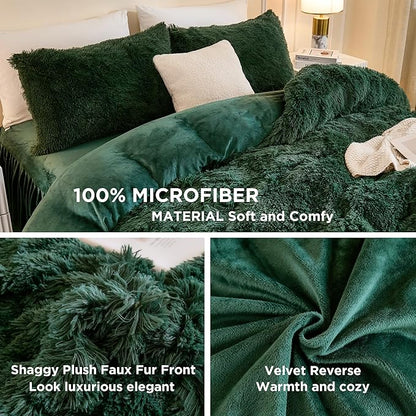 Andency Fluffy Emerald Green Comforter Set Queen Size, 3 Pieces Winter Faux Fur Warm Soft Fuzzy Plush Bedding Comforter Set (1 Velvet Comforter & 2 Pillowcases), Thick Heavy Puffy Comfy Bedding Set