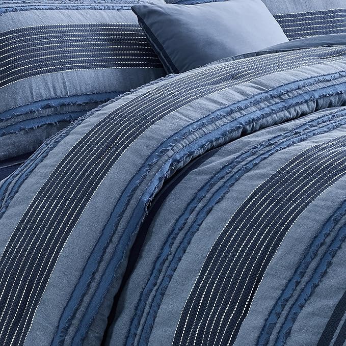 Wonderful Denim Blue Comforter Set Twin Size, Yarn Dyed Farmhouse Striped Cotton Boho Comforter with Pillow Shams, Fluffy Bedding Set for All Season