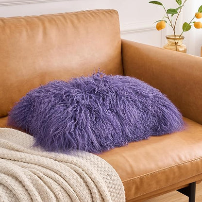 Genuine Mongolian Lamb Fur Pillow Cover – 12"x20" Rectangular Cushion Case – Soft Curly Wool Decorative Accent for Sofa, Bed, or Chair(Royal Lavender)