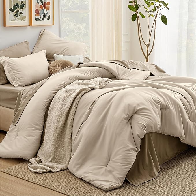 Bedsure Full Comforter Set - 7 Pieces Light Beige Full Bedding Set for All Seasons, Boho Contrasting Design Bed in a Bag with Comforter, Sheets, Pillowcases & Shams