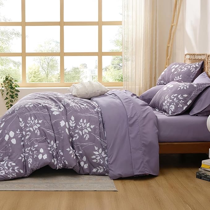 Bedsure Grayish Purple Full Comforter Set - 7 Pieces Floral Bedding Sets Full Bed in a Bag with Reversible Botanical Flowers Comforter, Sheets, Pillowcases & Shams