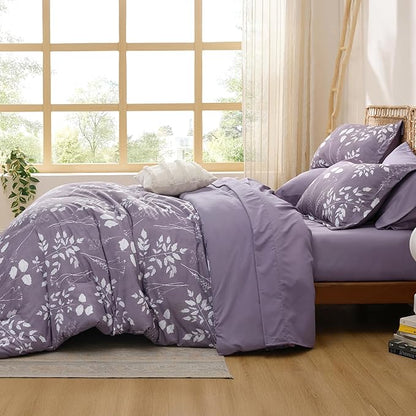 Bedsure Grayish Purple Twin Comforter Set - 5 Pieces Floral Bedding Sets Twin Bed in a Bag with Reversible Botanical Flowers Comforter, Sheets, Pillowcase & Sham