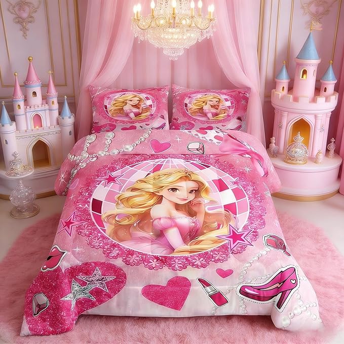 Castle Princess Kids Comforter Set Full Size,High-heeled Shoes Lip Bowknot Fashion Bedding Set,Girls Women Room Decor,Glitter Stars Sequins Down Comforter,Pink Romantic Duvet Insert,2 Pillowcases