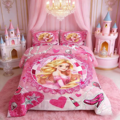 Castle Princess Kids Comforter Set Full Size,High-heeled Shoes Lip Bowknot Fashion Bedding Set,Girls Women Room Decor,Glitter Stars Sequins Down Comforter,Pink Romantic Duvet Insert,2 Pillowcases