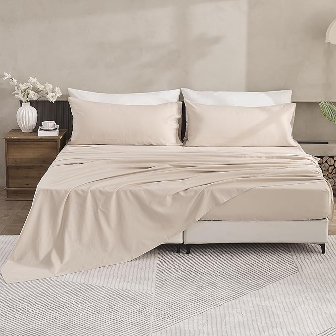 Simple&Opulence Belgian Linen Sheet Set Solid Color - 5 Pieces (1 Flat Sheet, 2 Fitted Sheets & 2 Pillowcases) Natural Flax Cotton Blend Soft Breathable Farmhouse Bedding - Split King Size, Linen