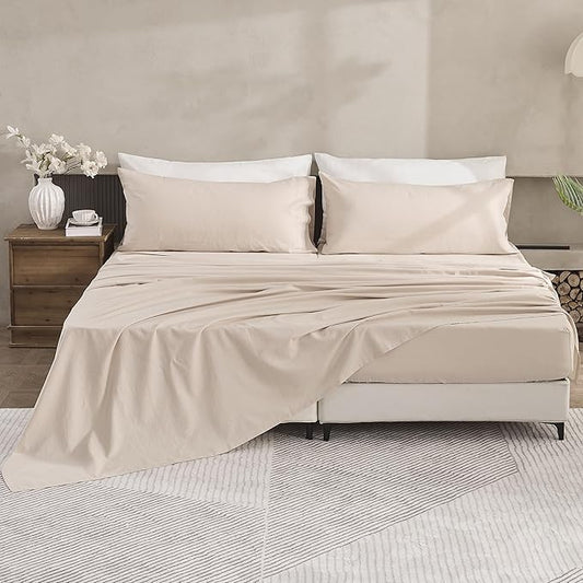 Simple&Opulence Belgian Linen Sheet Set Solid Color - 5 Pieces (1 Flat Sheet, 2 Fitted Sheets & 2 Pillowcases) Natural Flax Cotton Blend Soft Breathable Farmhouse Bedding - Split King Size, Linen