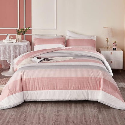 Litanika Pink Full Size Comforter Sets for Girls, 3 Pieces Blush White Colorblock Women Lightweight Bedding Comforter Set