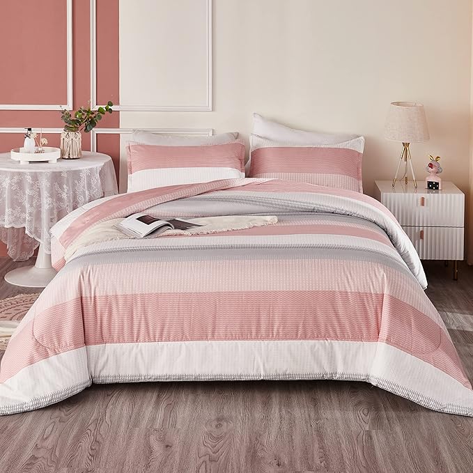 Litanika Pink King Size Comforter Set, 3 Pieces Blush White Colorblock Lightweight Bedding Comforter Set