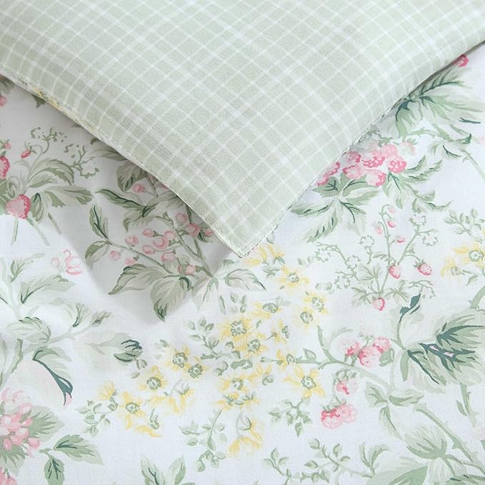 Laura Ashley - King Comforter Set, Super Soft Cotton Bedding with Matching Sham, Botanical Design, Vintage Bed Essentials (Bramble Floral Pink, King)