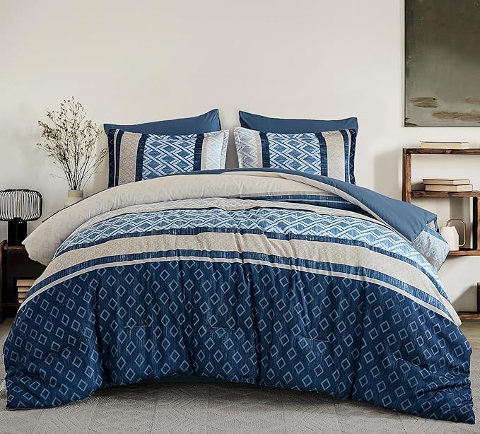 Cottolester Queen Comforter Set 7 Pieces Blue Boho Striped Bed in a Bag,Soft Microfiber Complete Bedding Sets