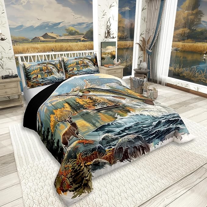 Erosebridal Bass Fishing King Comforter Set,Hunting Deer Bedding Sets for Kids Boys Men,Big Pike Fish Quilt Bed Set,Rustic Mountain Lake House Bedroom Decor,2 Pillowcases Lightweight
