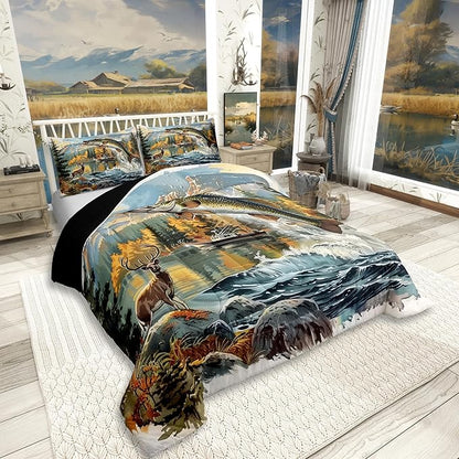 Erosebridal Bass Fishing Full Comforter Set,Hunting Deer Bedding Sets for Kids Boys Girls,Big Pike Fish Quilt Bed Set,Rustic Mountain Lake House Bedroom Decor,2 Pillowcases Lightweight