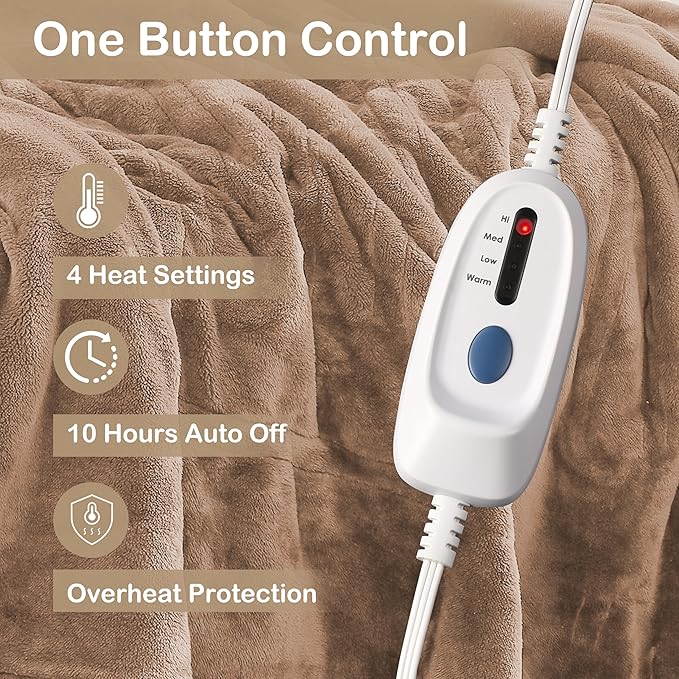 Electric Heated Blanket Full Size 72"x84",Fast Heating Throw, Soft Plush Microplush for Bed & Couch, 10 Hours Auto Off & 4 Heating Levels, Machine Washable, Gifts for Grandma & Family-Dark Camel