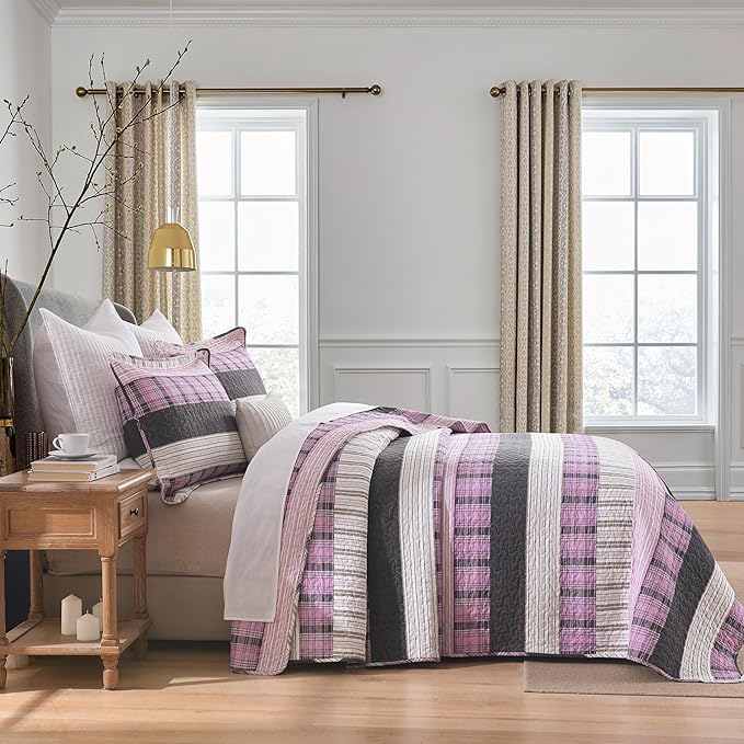 Homzard King Size Comforter Set，Cotton Plaid King Size Quilt，Pink Black Beige Bedding Set，Farmhouse Striped Bedspread Set，Lightweight Reversible Coverlet All Season 3 Pieces