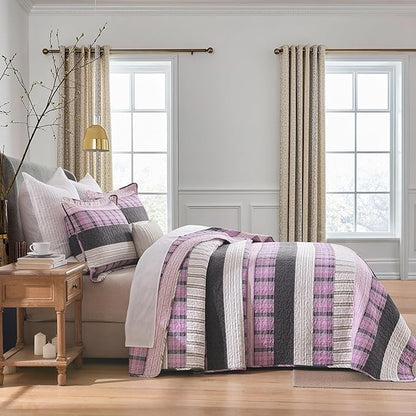 Homzard King Size Comforter Set，Cotton Plaid King Size Quilt，Pink Black Beige Bedding Set，Farmhouse Striped Bedspread Set，Lightweight Reversible Coverlet All Season 3 Pieces