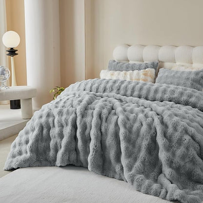 Simple&Opulence Fluffy Faux Fur Comforter Set, Plush Fuzzy Minky Bedding Set, 3 Pieces Warm Soft Comforter Bedding Set for Winter - 1 Shaggy Comforter with 2 Pillow Shams(Queen, Light Grey)