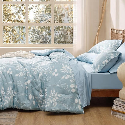 Bedsure Sky Blue King Comforter Set - 7 Pieces Floral Bedding Sets, King Bed in a Bag with Reversible Botanical Flowers Comforter, Sheets, Pillowcases & Shams