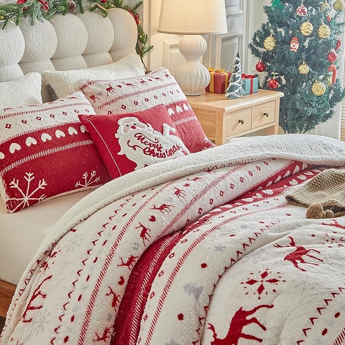 Christmas Sherpa Comforter Set Queen Size 3 Pieces Red Stripes Cream Heart Deer Holiday Winter Bedding Microfiber Warm Fleece Comforter with 2 Pillow Shams - Thanksgiving New Year Gift Choice