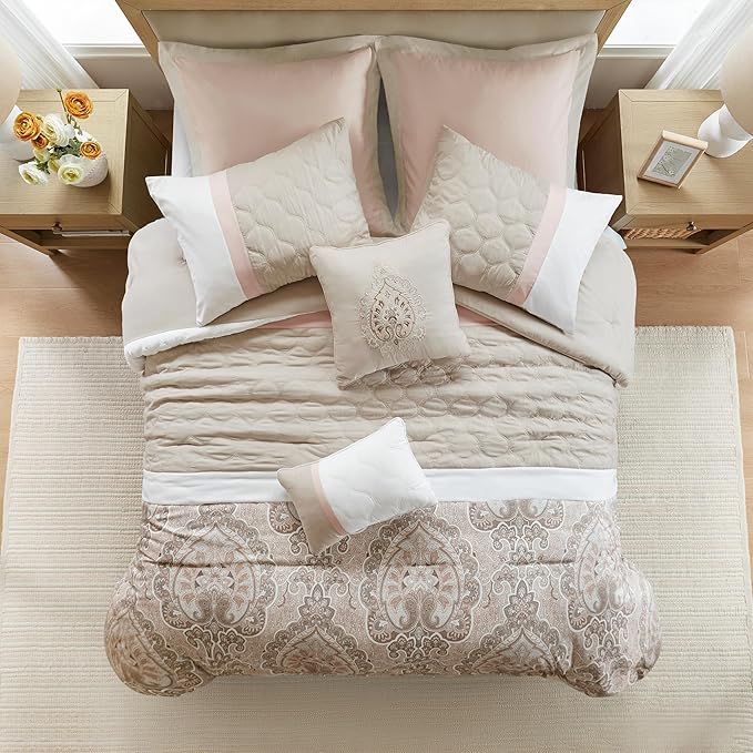 510 DESIGN Luxe Quilted Comforter Set Modern Transitional Design, All Season Down Alternative Warm Bedding Matching Shams, Bedskirt, Decorative Pillow, King, Shawnee Scrollwork Blush